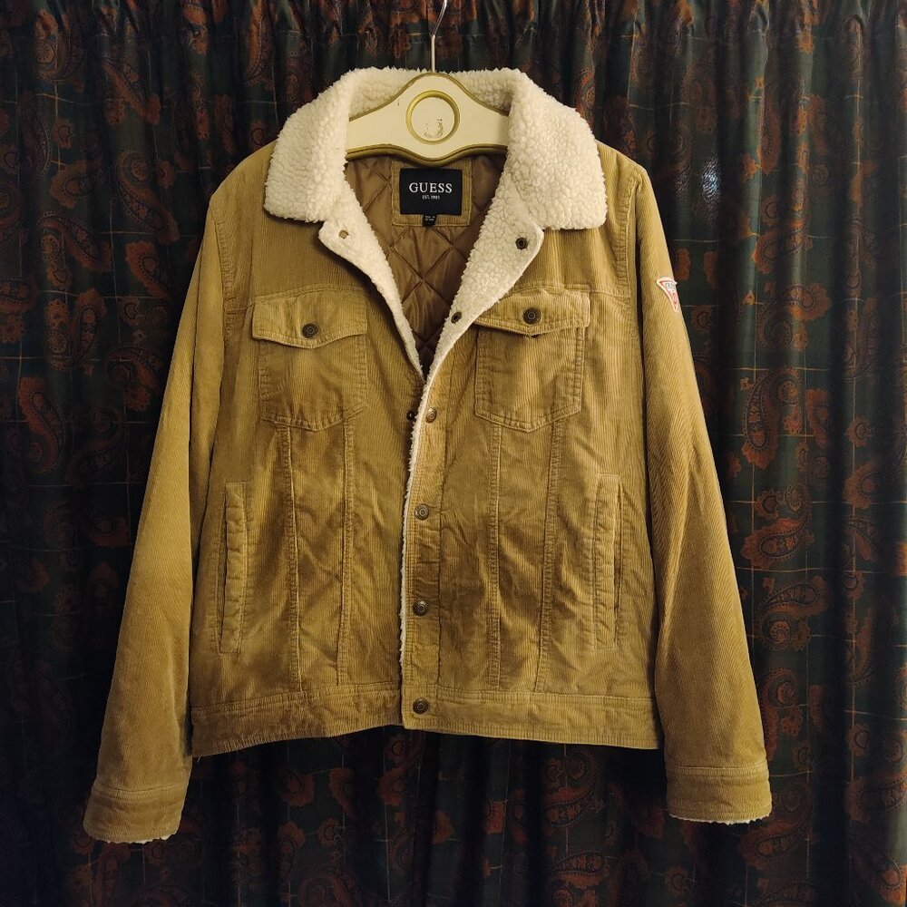 Guess Tan Corduroy Jacket with Button Up Front & Cream Colored Faux Fur Size L
